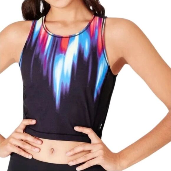 Sweaty Betty Kenza Black Strobe Placement Print Power Crop Gym Vest Tank Top - Picture 1 of 6